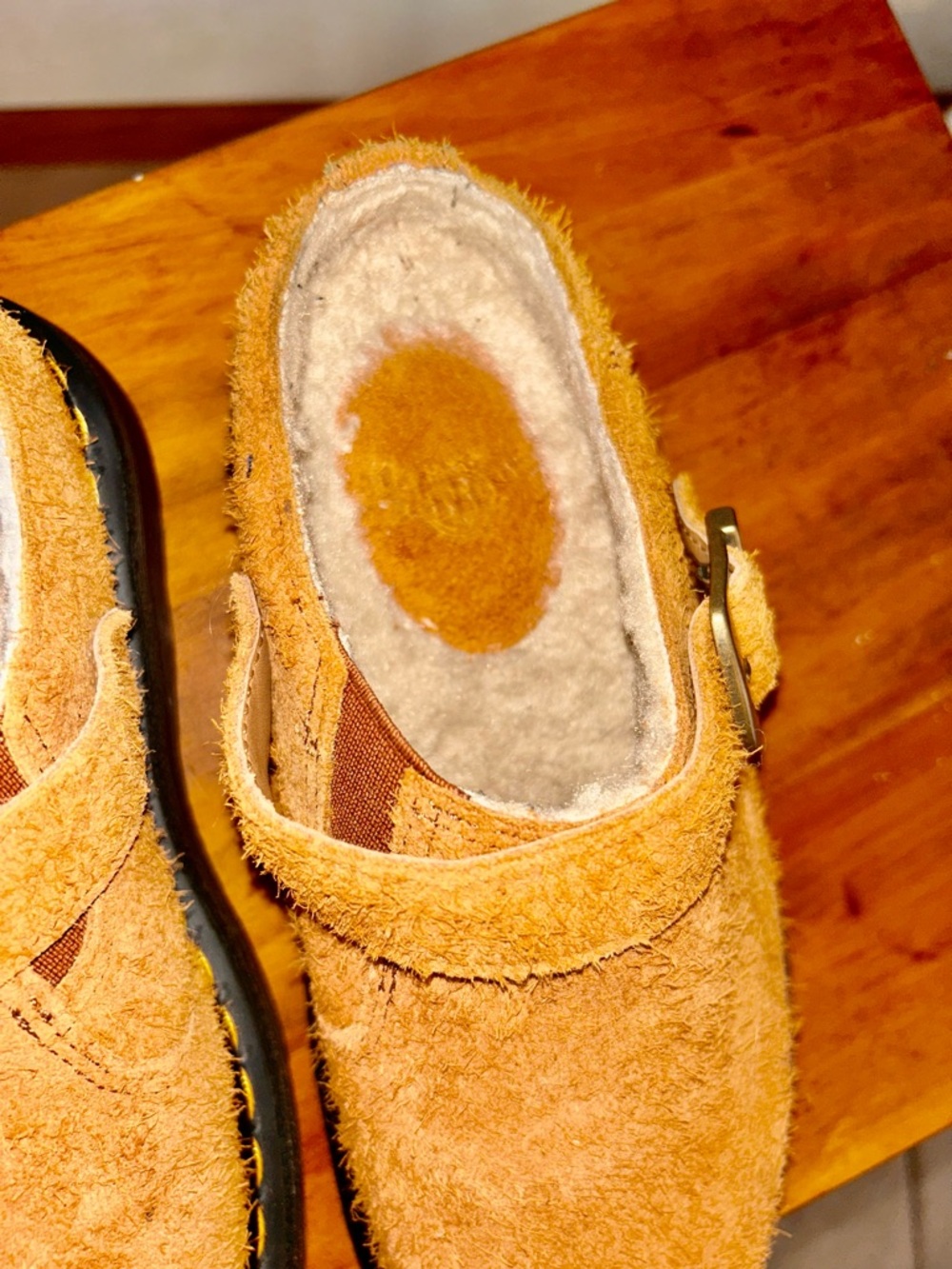 Dr. Martens Tan Suede Clog Mule with Yellow Welt Stitching - Picture 8 of 8